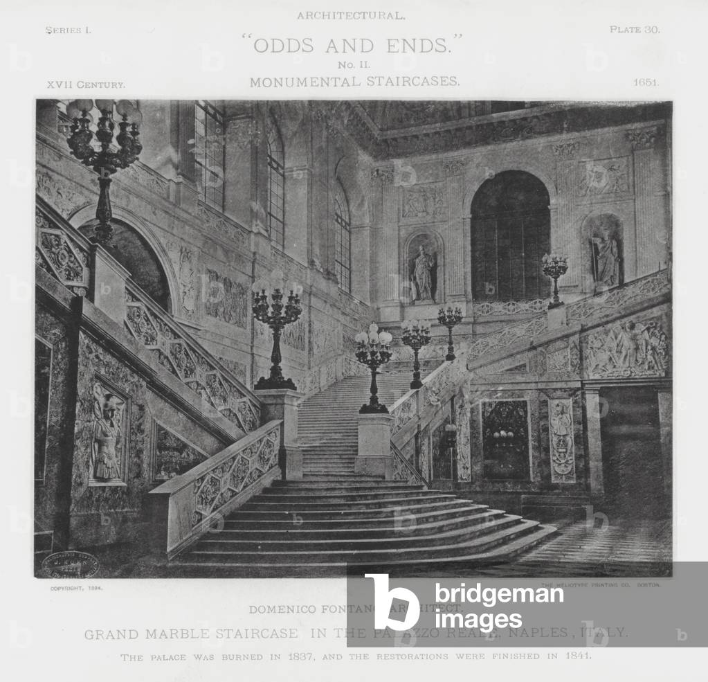 Grand Marble Staircase in the Palazzo Reale, Naples, Italy (b/w photo)