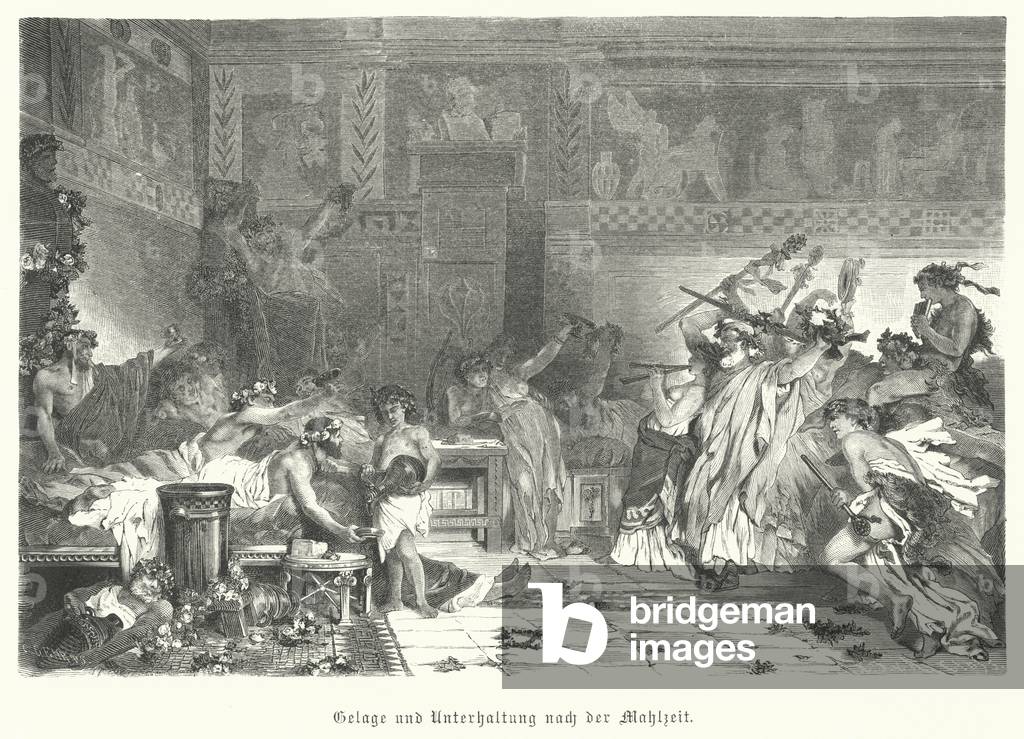Entertainment after the meal at a Roman feast (engraving)