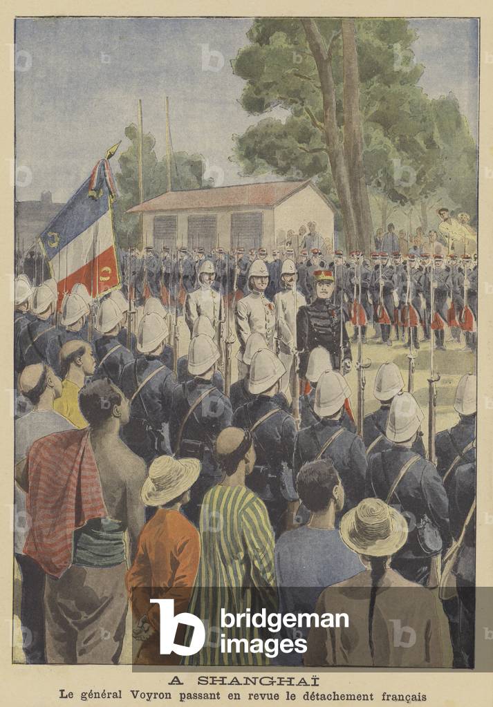General Voyron reviewing French troops in Shanghai (colour litho)