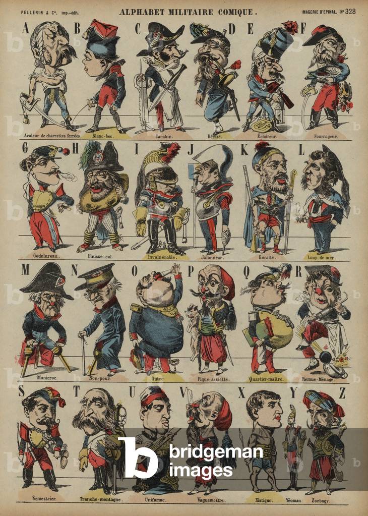 Comic military alphabet (coloured engraving)