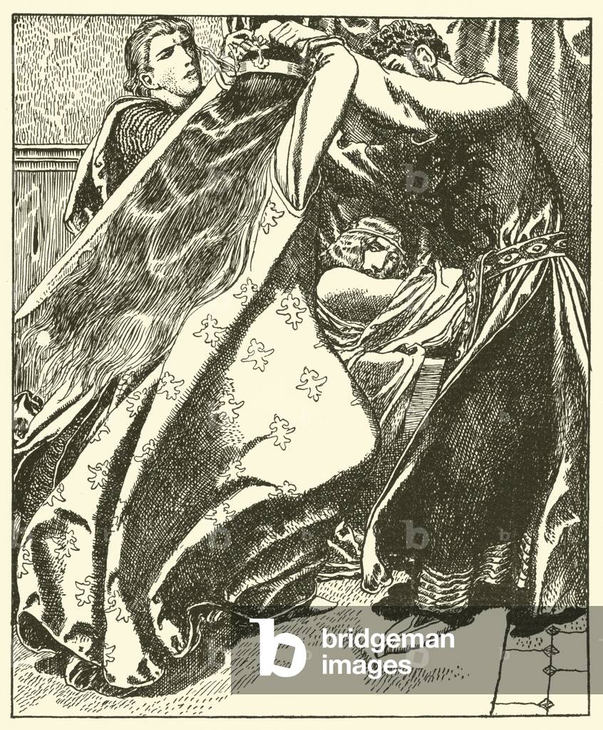 The Queen of Ireland seeks to slay Sir Tristram (litho)