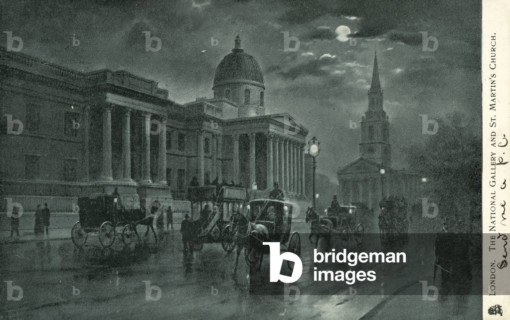 The National Gallery and St Martin's Church, London (colour litho)