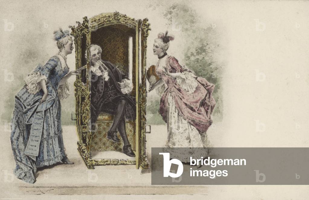 Two ladies and a gentlemen in powdered wigs (colour litho)
