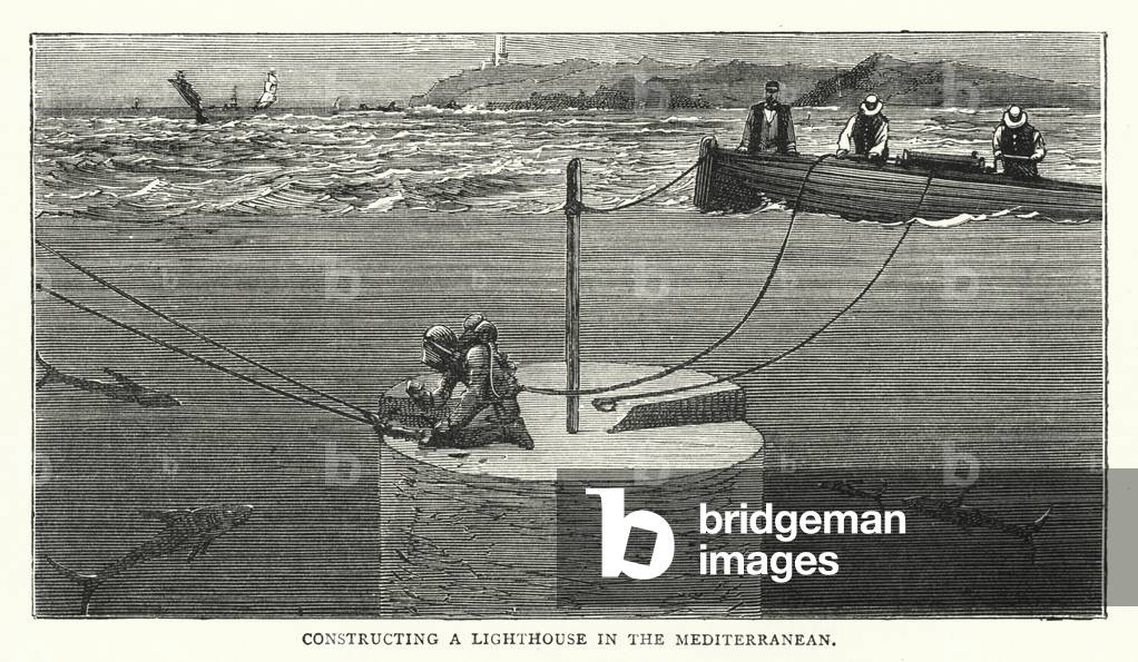 Constructing a Lighthouse in the Mediterranean (coloured engraving)