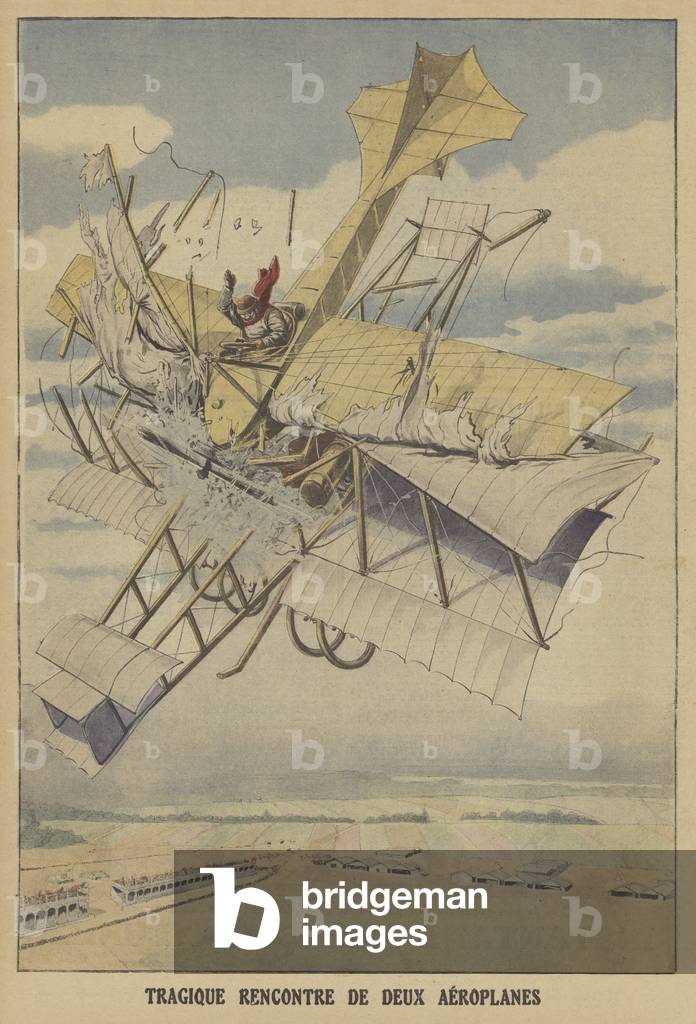 Collision between two aeroplanes at the Vienna air meeting (colour litho)
