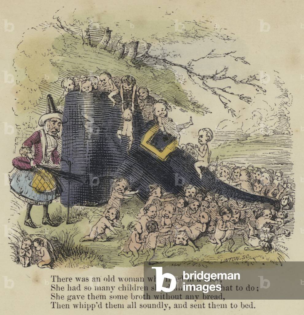 There was an old woman who lived in a shoe, She had so many children she didn't know what to do; She gave them some broth without any bread, Then whipp'd them all soundly, and sent them to bed (coloured engraving)