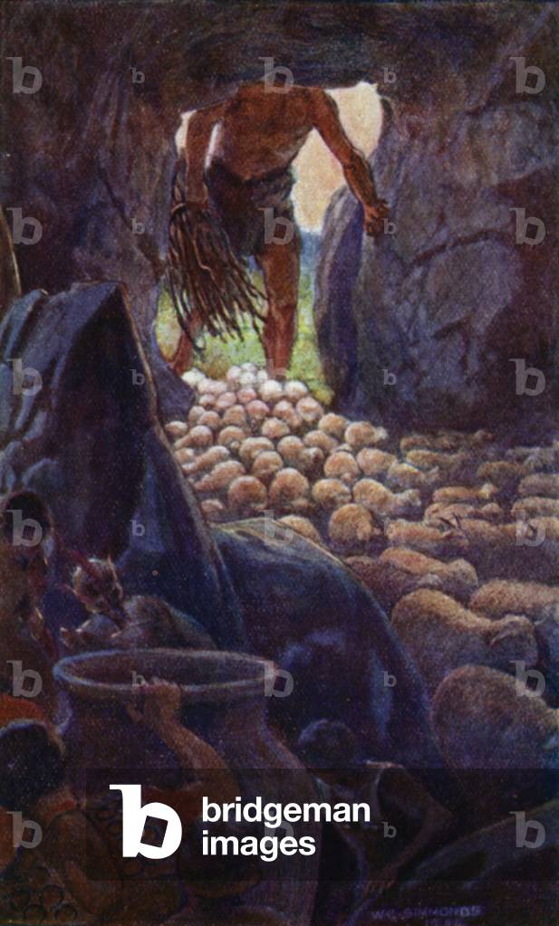 Polyphemus entering the cave with his flock (colour litho)