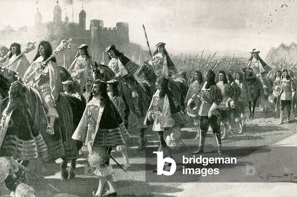The last procession from the Tower: Charles II and his retinue on Tower Hill, April 22, 1661 (litho)