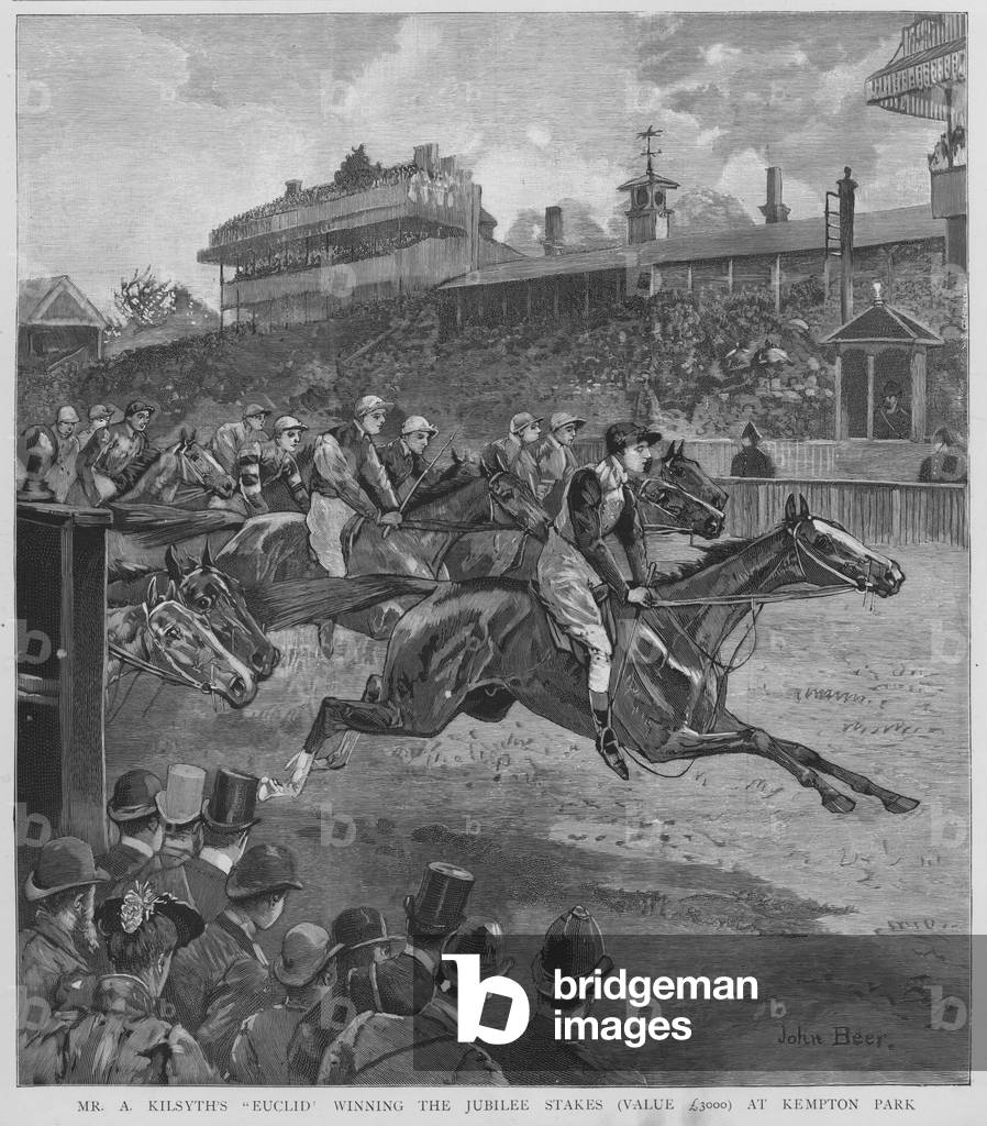 Euclid, owned by A Kilsyth, winning the Jubilee Stakes horse race at Kempton Park racecourse, Surrey, 1892 (litho)