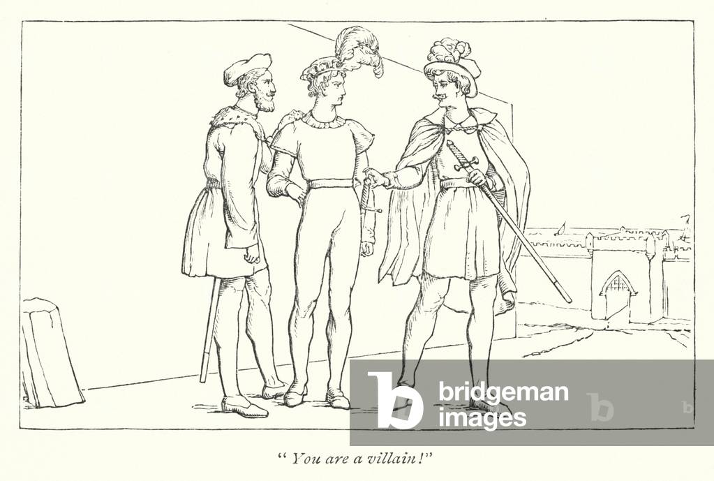 Shakespeare's Much Ado About Nothing; Benedick challenges Claudio to single combat (engraving)