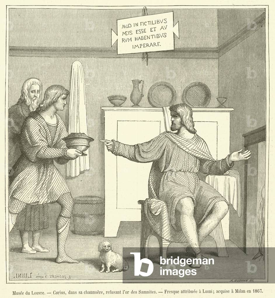 Musee du Louvre, Curius, dans sa chaumiere, refusant l'or des Samnites, Fresque attribuee a Lumi, acquise a Milan en 1867 (engraving)