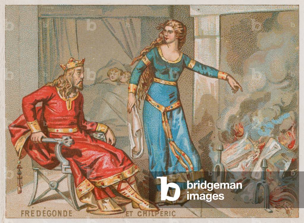 King Chilperic I and Fredegonde burn the record of taxes (chromolitho)