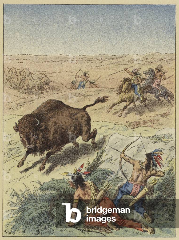 Indiens des prairies chassant le bison (colour litho)