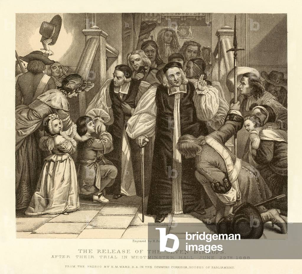 The release of the seven bishops, after their trial in Westminster Hall (engraving)