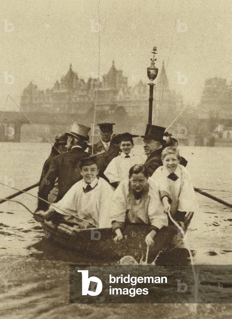 Choristers of St Clement Danes beating the boundaries of their parish (b/w photo)