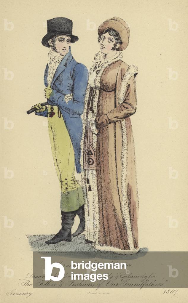 Morning Walking Dress for Ladies and Gentlemen (coloured engraving)