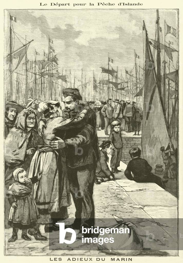 A French fisherman saying farwell to his family before setting off for the fishing grounds around Iceland (engraving)