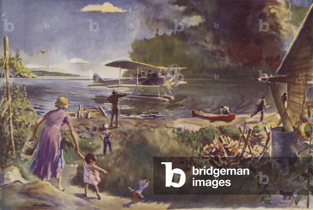 Aeroplane and Forest Fire (colour litho)