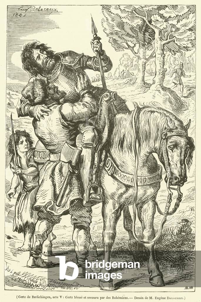 Goetz de Berlichingen, acte V, Goetz blesse et secouru par des Bohemiens (engraving)