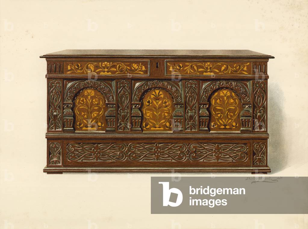 Oak Inlaid Chest, property of Arthur James (chromolitho)