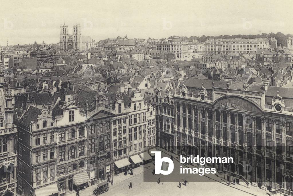 Bruxelles, Brussells: Grand'Place, Maison des Corporations et Panorama (b/w photo)
