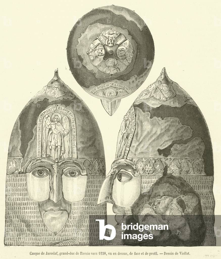 Casque de Jaroslaf, grand-duc de Russie vers 1238, vu en dessus, de face et de profil (engraving)