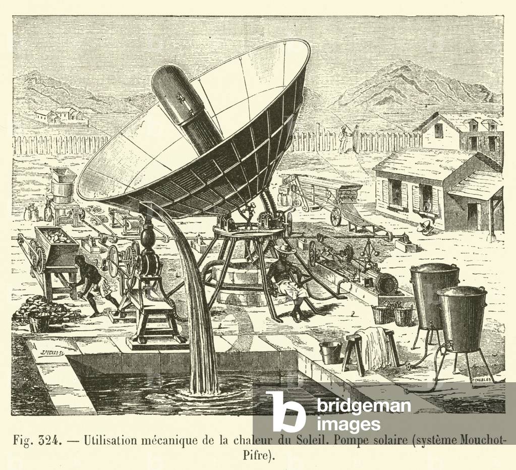 Utilisation mecanique de la chaleur du Soleil, Pompe solaire, systeme Mouchot-Pifre (engraving)