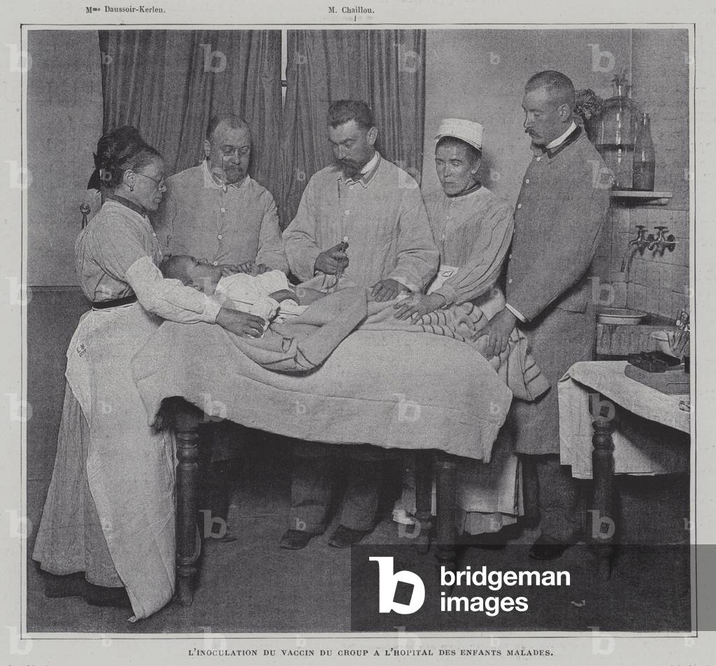 Inoculation of a patient with the vaccine against croup at a hospital for sick children in Paris (b/w photo)