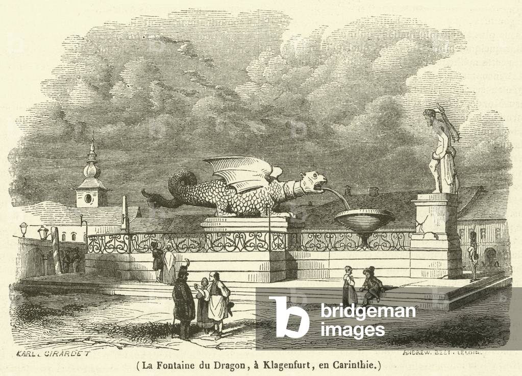 La Fontaine du Dragon, a Klagenfurt, en Carinthie (engraving)