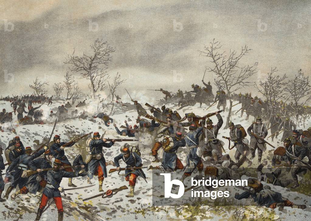 Battle before Le Mans-Champagne, Franco-Prussian War, 11 January 1871 (chromolitho)