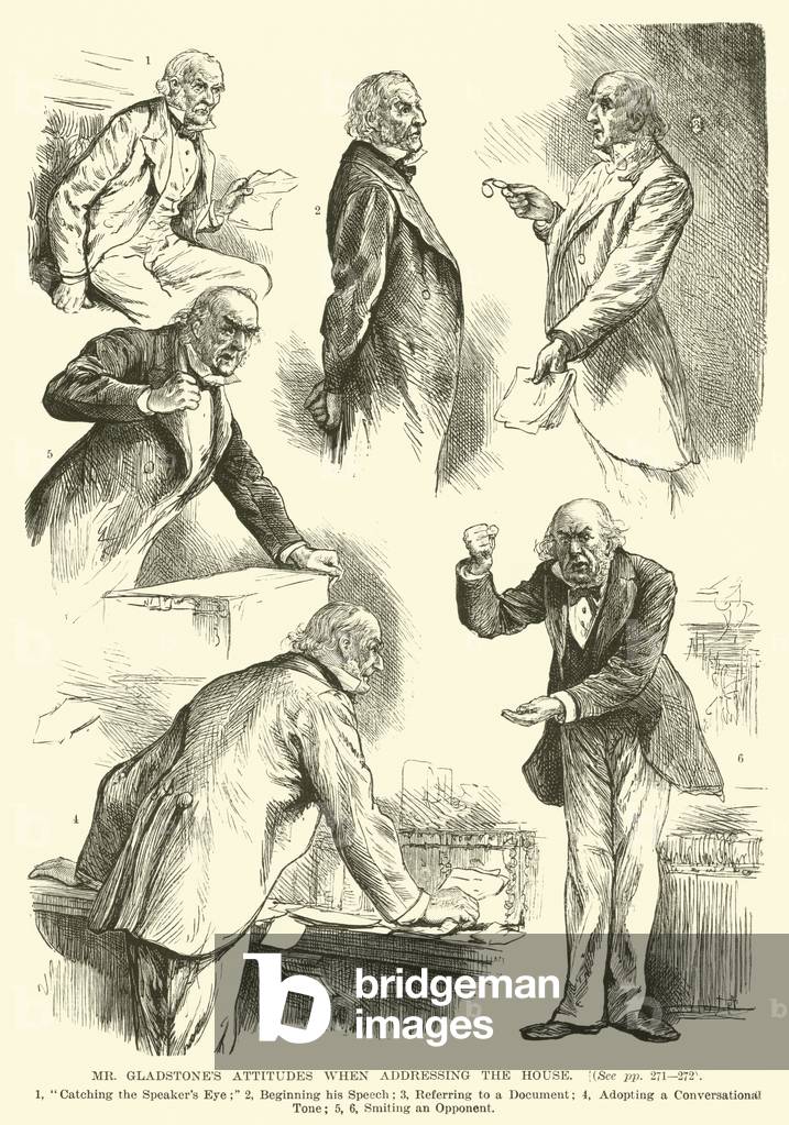 Mr Gladstone's Attitudes when addressing the House (engraving)