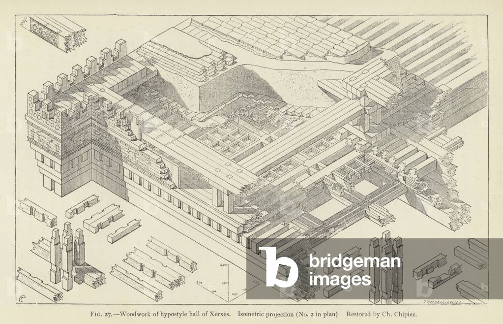 Woodwork of hypostyle hall of Xerxes, Isometric projection (No 2 in plan), restored by Ch Chipiez (engraving)