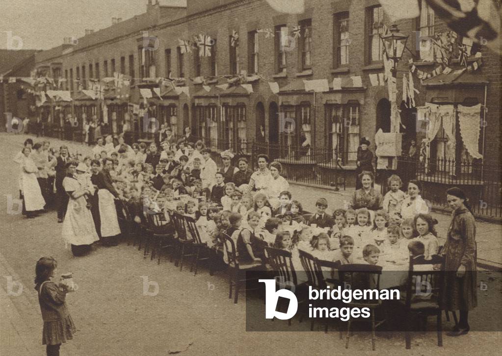 Street party celebrating the signing of the Treaty of Versailles restoring peace after the First World War, 1919 (b/w photo)