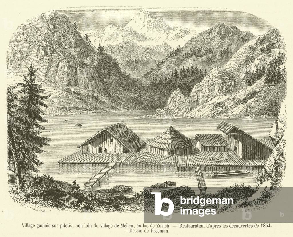 Village gaulois sur pilotis, non loin du village de Meilen, au lac de Zurich (engraving)