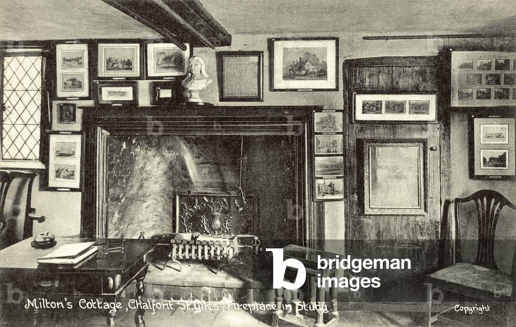 Milton's Cottage, Chalfont St Giles, Fireplace in Study (b/w photo)