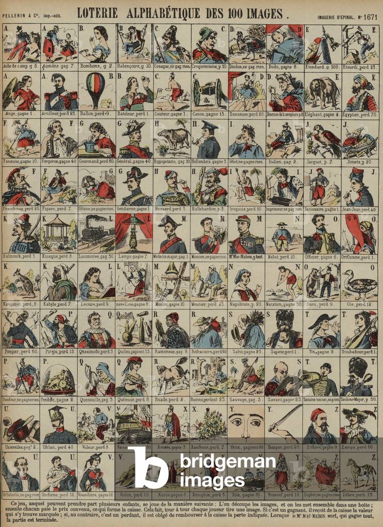 Alphabetical lottery of a hundred images (coloured engraving)