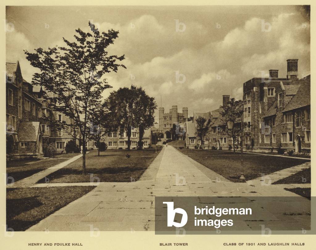 Princeton University: Henry and Foulke Hall; Blair Tower; Class of 1901 and Laughlin Halls (b/w photo)