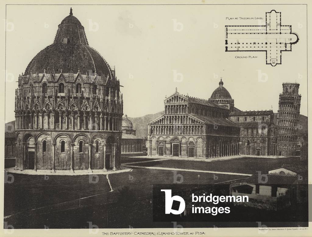 The Baptistery, Cathedral and Leaning Tower at Pisa (b/w photo)
