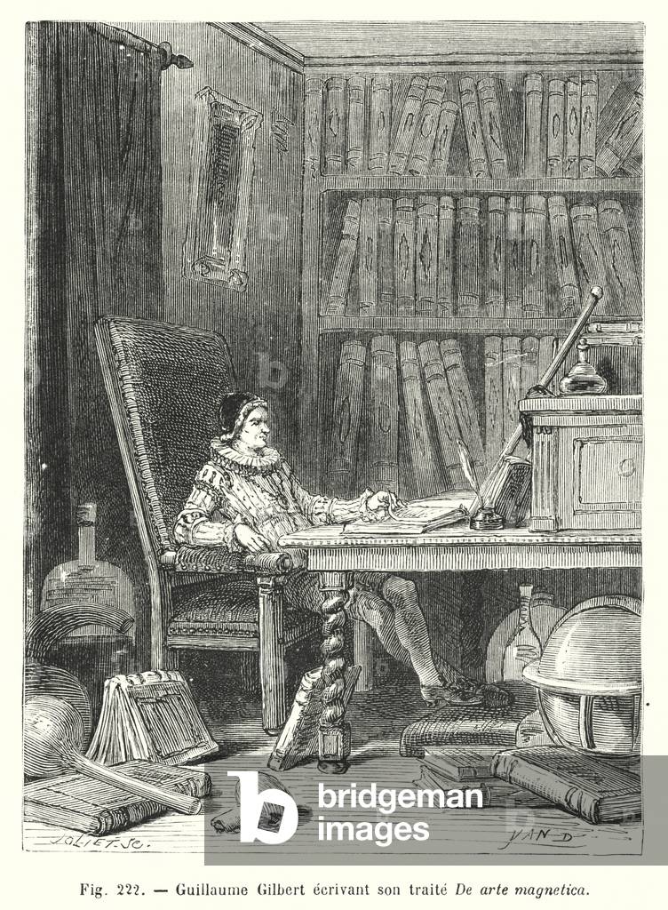 Guillaume Gilbert ecrivant son traite De arte magnetica (engraving)