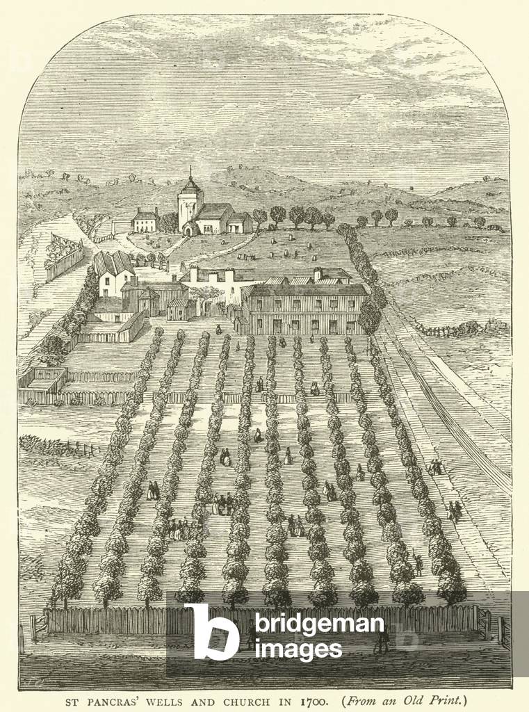 St Pancras' Wells and Church in 1700, from an old print (engraving)