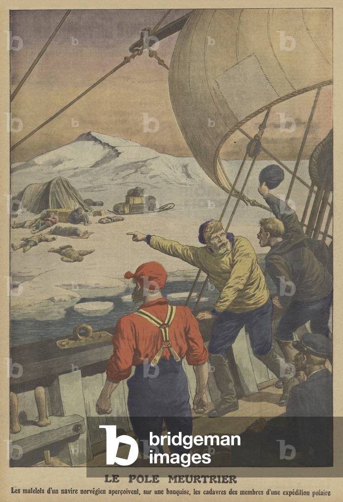 Norwegian sailors discovering the bodies of members of a polar expedition on an ice floe in the Arctic (colour litho)
