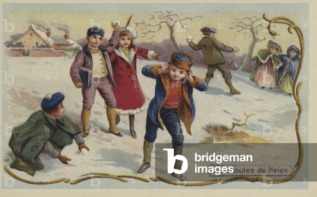 Playing snowballs (chromolitho)