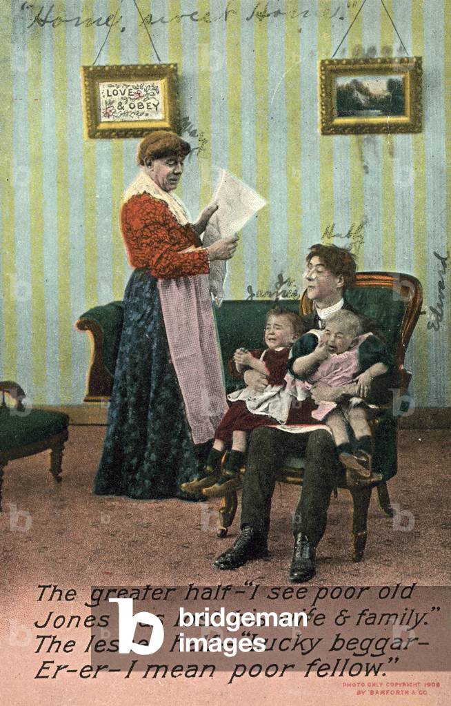 Man holding two babies (colour photo)
