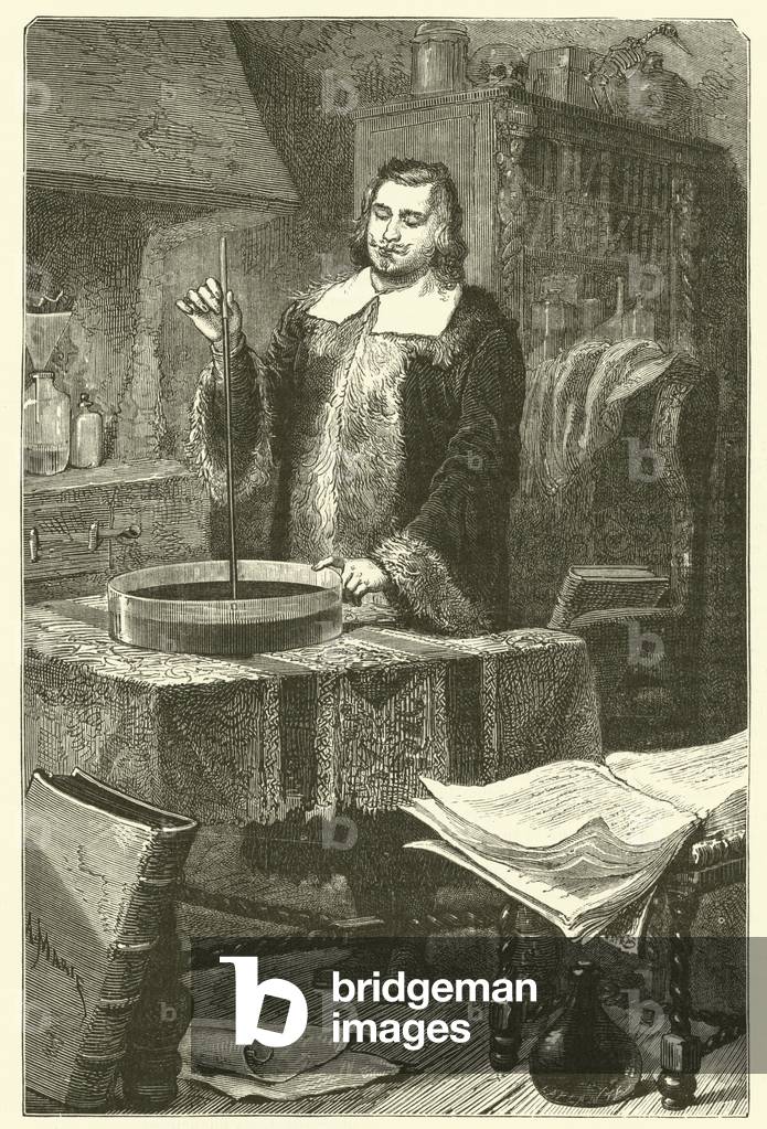 Torricelli inventing the barometer (engraving)