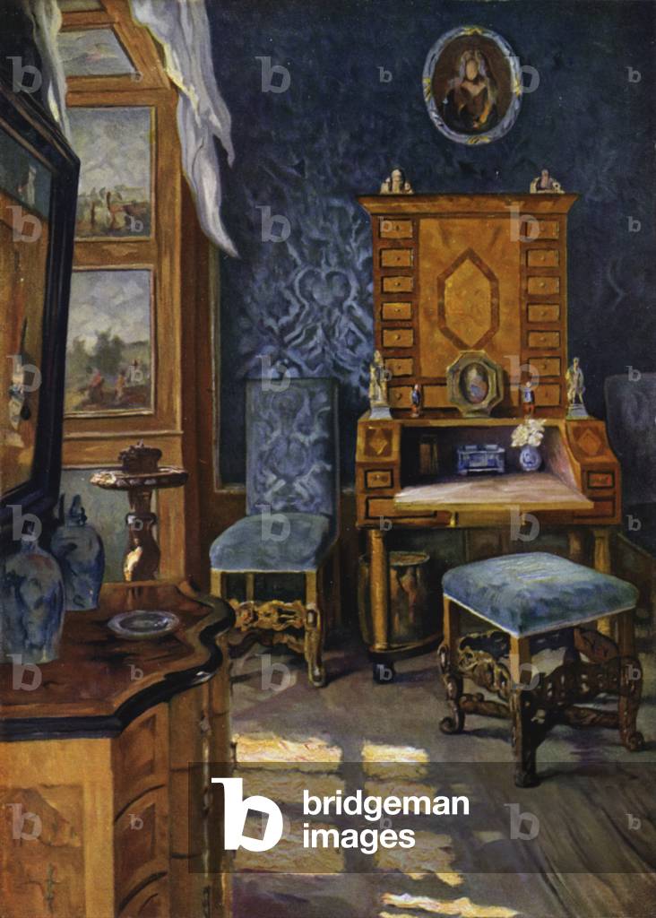Blue Salon in Castle Weikersheim, Wurttemberg, Baroque decoration, about 1680-1700 (colour litho)