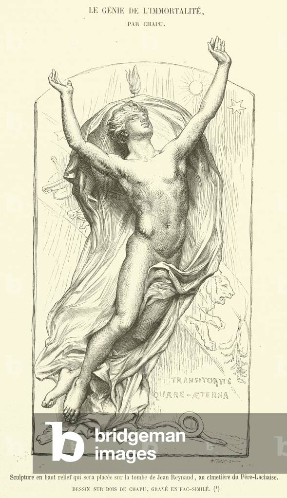 Sculpture en haut relief qui sera placee sur la tombe de Jean Reynaud, au cimetiere du Pere-Lachaise (engraving)