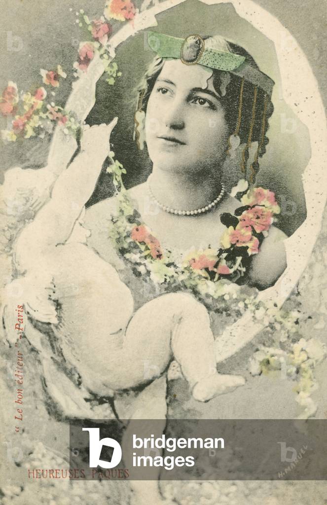 Portrait of a woman framed by a cherub (colour photo)