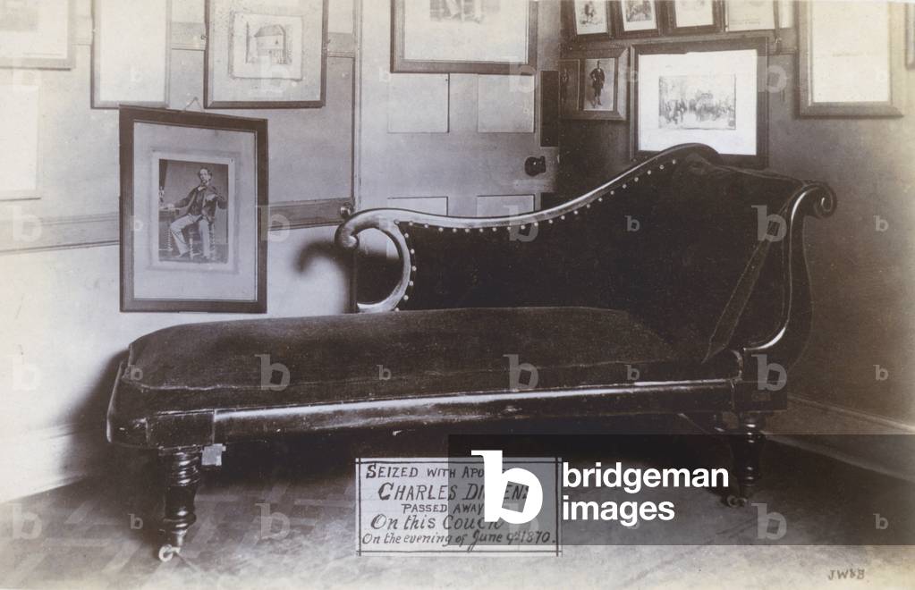 Couch on which Charles Dickens died in June 1870 (b/w photo)