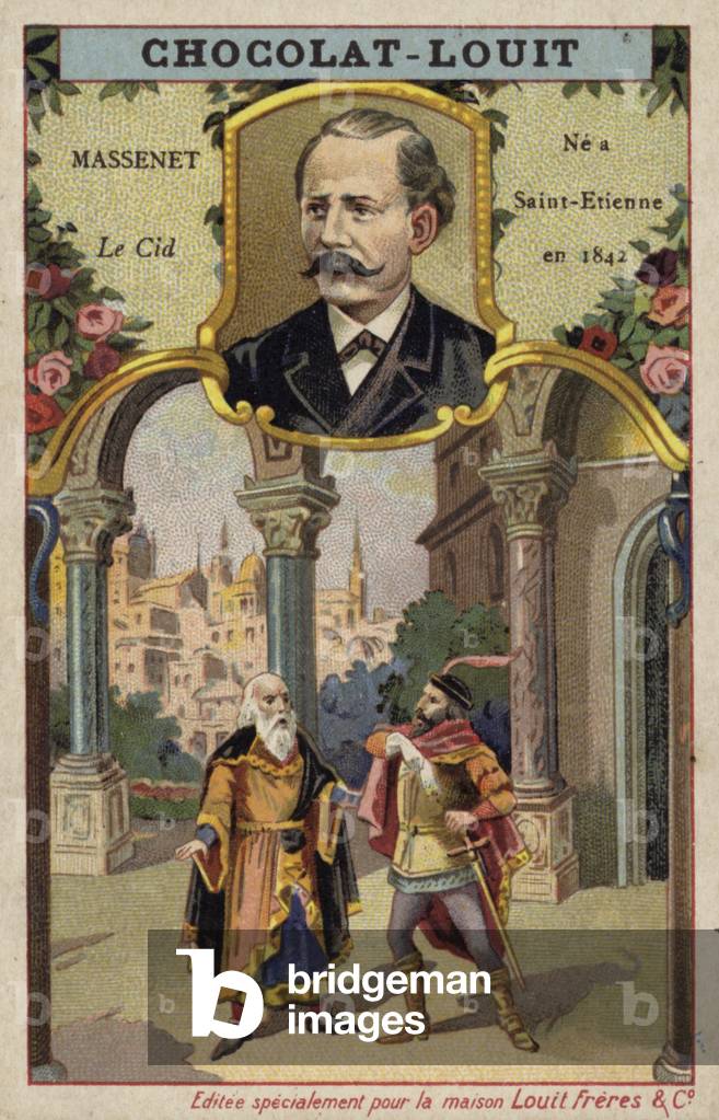 Jules Massenet, French composer, and a scene from his opera Le Cid (chromolitho)