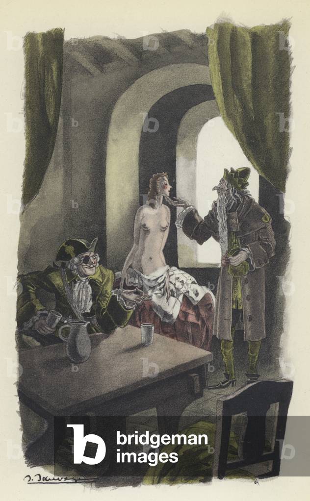 Illustration for Voltaire's Candide (colour litho)